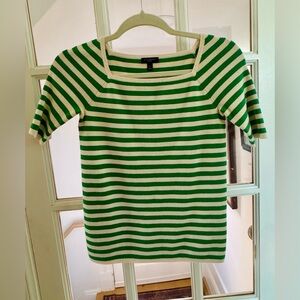 Talbots Short Sleeve Green and Cream Striped Square Neck Sweater